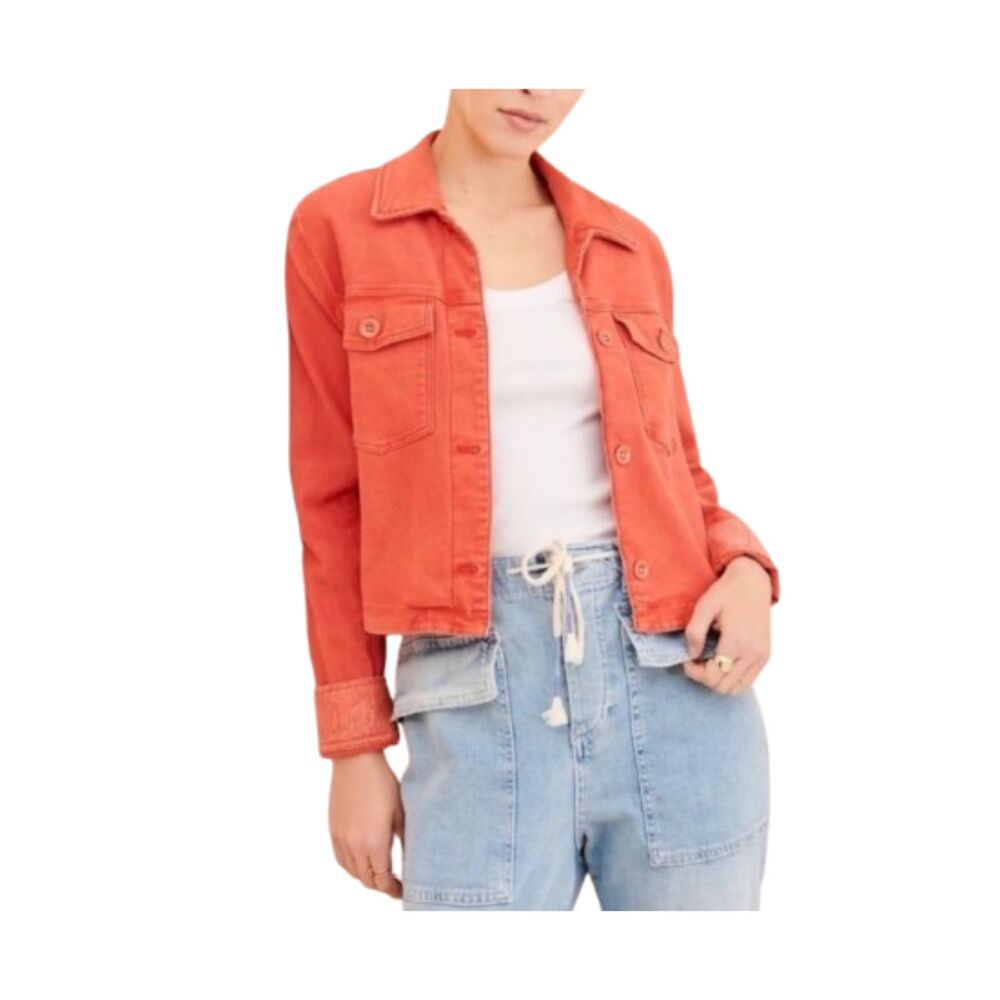 Anthropologie Marilee Cropped Trucker Jacket Washed Out Coral Red/ Orange Small